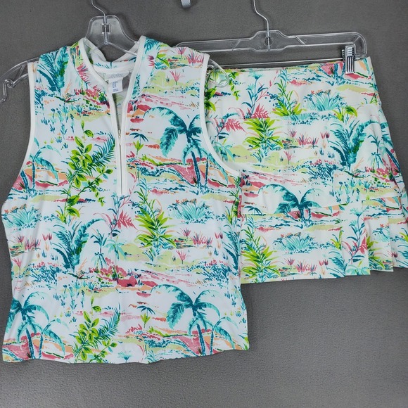Sigrid Olsen Pants - Sigrid Olsen Golf Skort Set Women M White Tropical Palm Print Zip Top Skirt